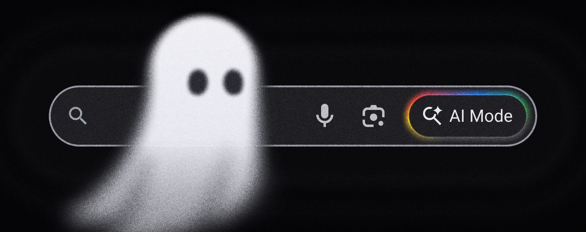 Ghostly figure hovering in front of a search bar with an “AI Mode” button highlighted.