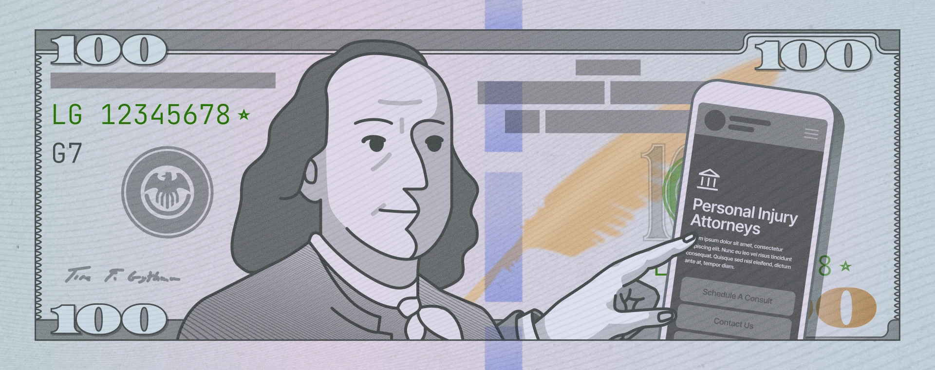 Illustration of a $100 bill with Benjamin Franklin reaching out to touch a smartphone screen that displays a “Personal Injury Attorneys” website. The image connects legal services marketing to financial investment.