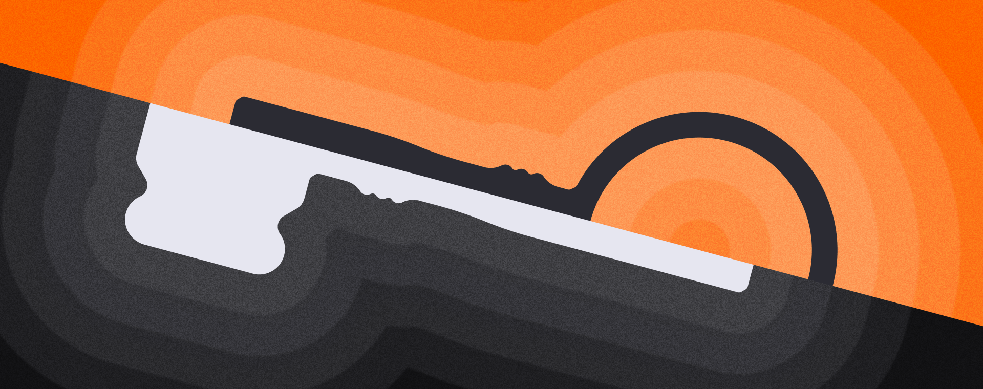 A diagonal line divides the image with a gavel on one side and a magnifying class on the other