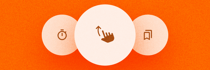 Three circular icons on an orange background showing a stopwatch, an upward swipe gesture, and a bookmark, symbolizing time spent, engagement, and content saving for long-form articles.