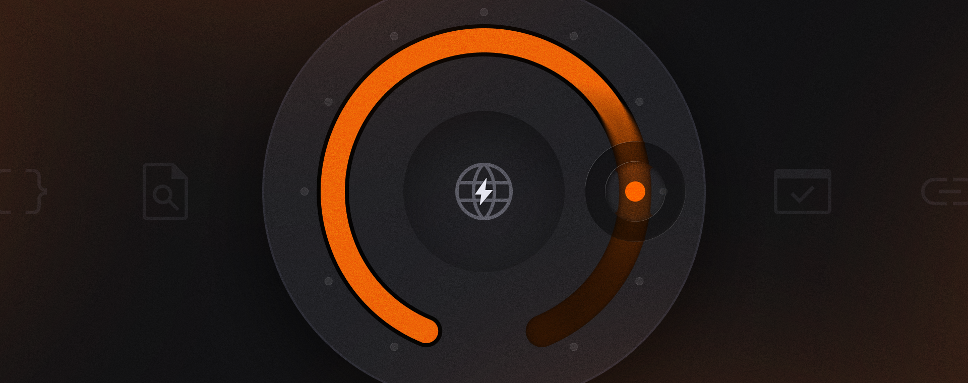 Circular orange progress-style graphic on a dark background, featuring a glowing central globe icon with a lightning bolt inside. The orange ring is partially filled, creating a sense of motion or progress, with subtle circular patterns and faint icons in the background.