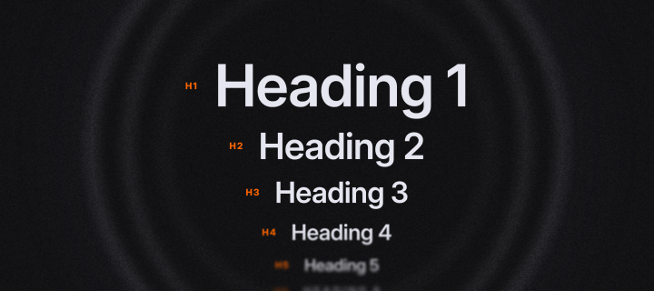 Visual showing website heading hierarchy from H1 to H5. The text ‘Heading 1’ through ‘Heading 5’ appears in descending size, illustrating how HTML heading tags define content structure.