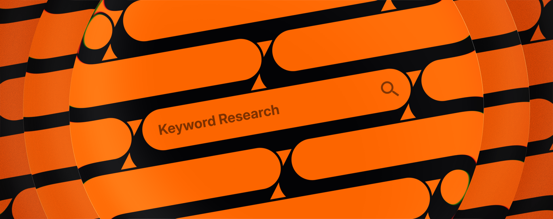 Abstract orange and black graphic featuring a stylized search bar with the words ‘Keyword Research’ and a magnifying glass icon, symbolizing SEO and digital search concepts.