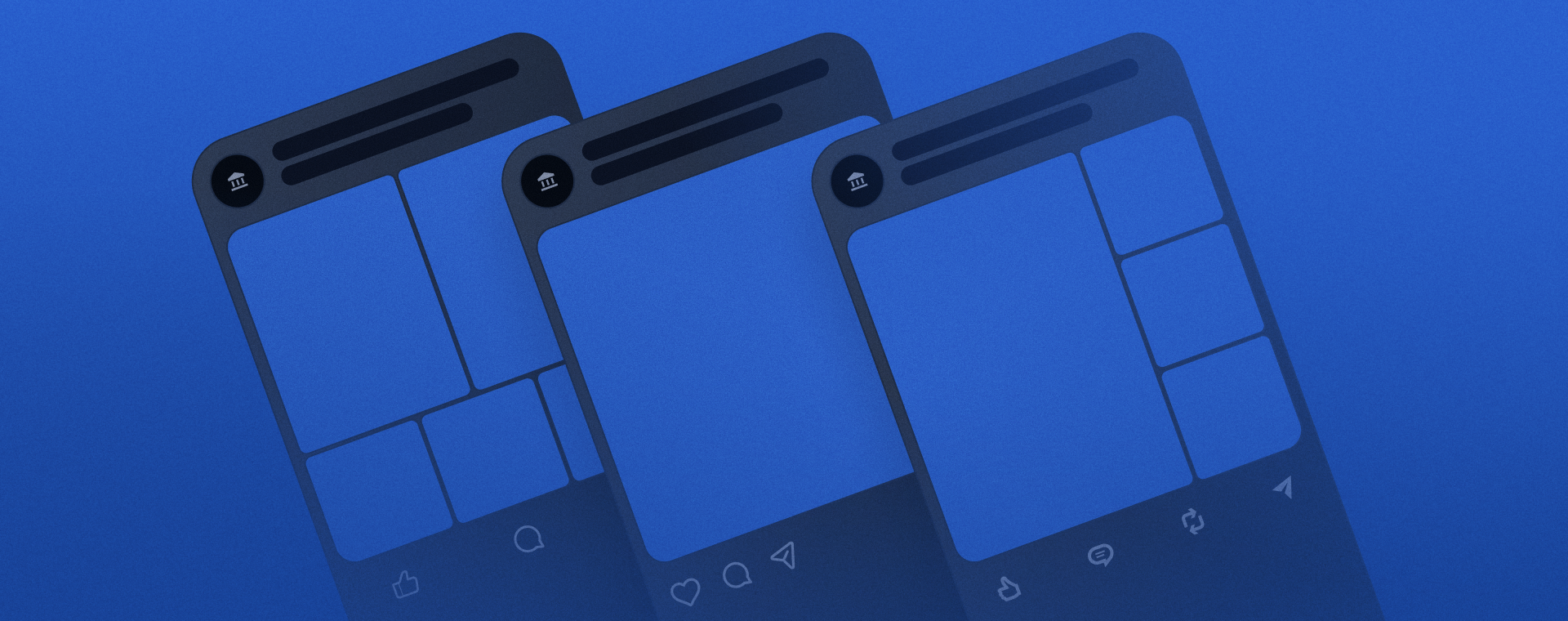 Stylized illustration of three smartphone screens in dark blue tones representing social media feeds, symbolizing different post layouts for law firm marketing.
