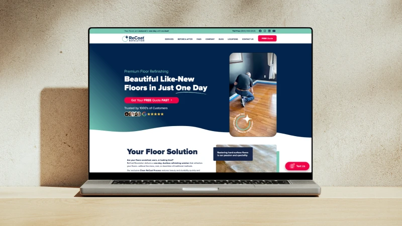 Laptop on a wooden desk showing a flooring service website hero: 'Beautiful Like-New Floors in Just One Day' with a floor-refinishing image on the right and a 'Get Your FREE Quote' button.