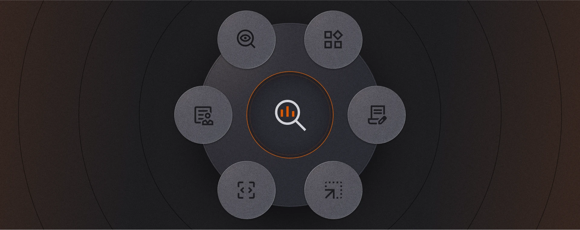 Circular infographic showing six core components of SEO surrounding a central analytics icon, representing keyword research, on-page SEO, content creation, off-page SEO, technical SEO, and user experience.