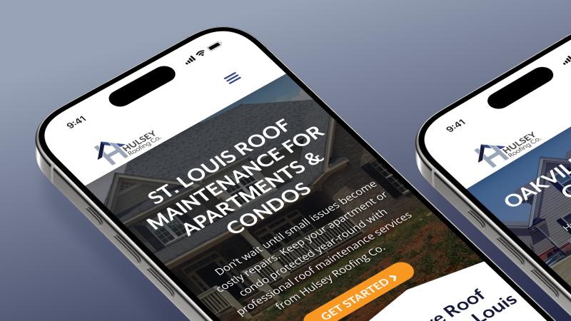 Mobile screenshot of Hulsey Roofing Co. app showing St. Louis roof maintenance for apartments and condos, with a Get Started button.