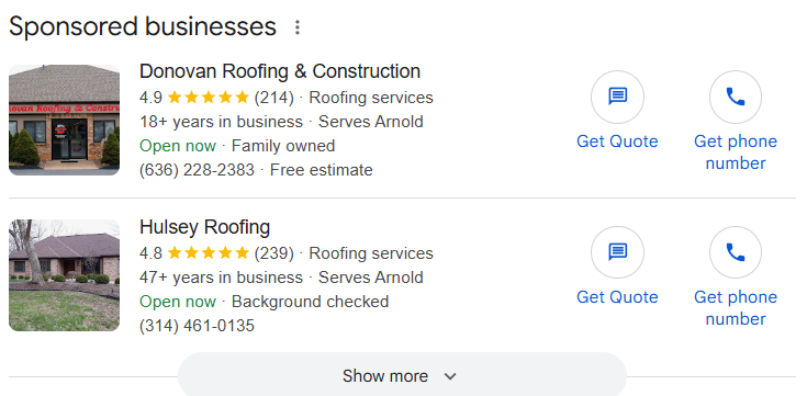 Screenshot of an LSA featuring Hulsey Roofing in St. Louis.