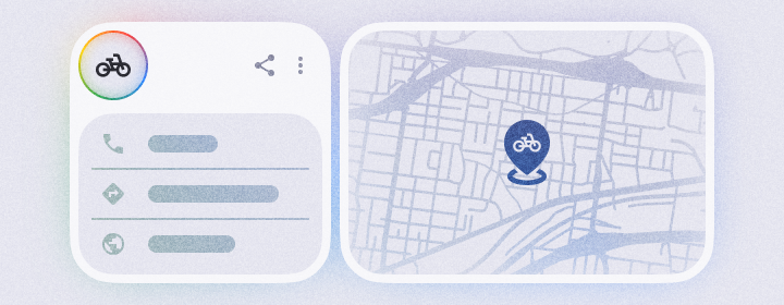 Illustration of a local business listing and map showing a bike shop icon and map pin, representing local search visibility and Google Business profile results.