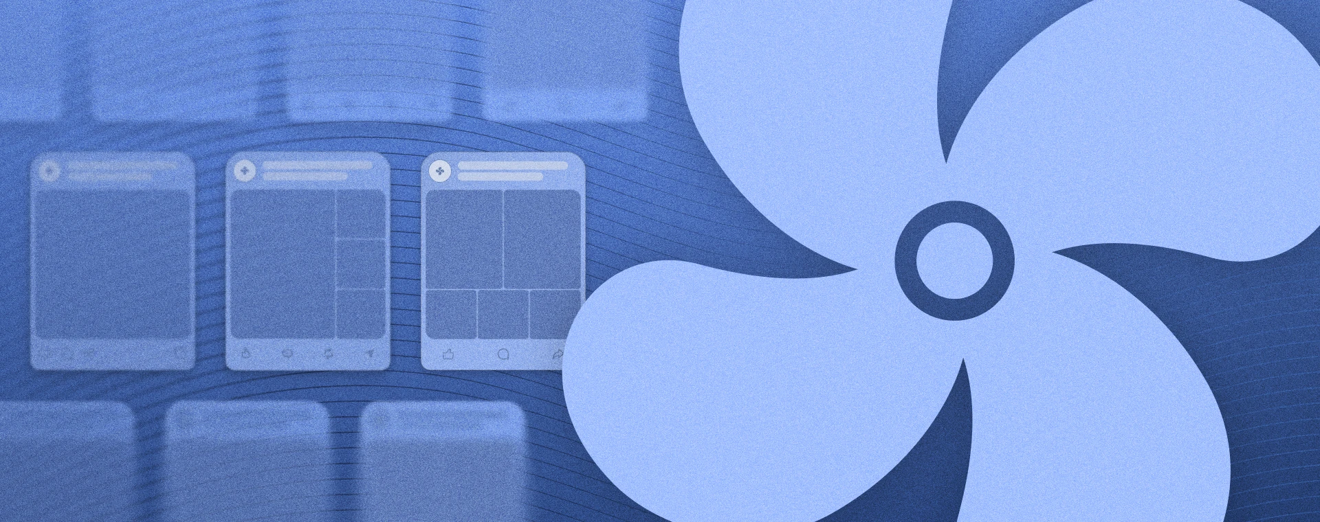 Stylized blue image with a large fan icon overlapping three abstract phone screens. Background features a subtle pattern, creating a modern tech feel.