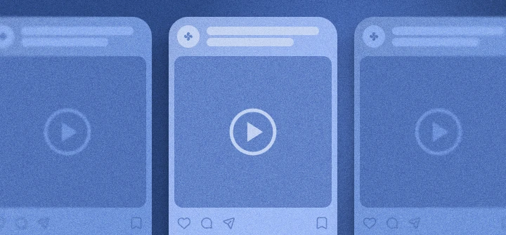 Abstract blue-toned image showing three overlapping social media video posts with play buttons, resembling Facebook or Instagram, conveying a digital theme.