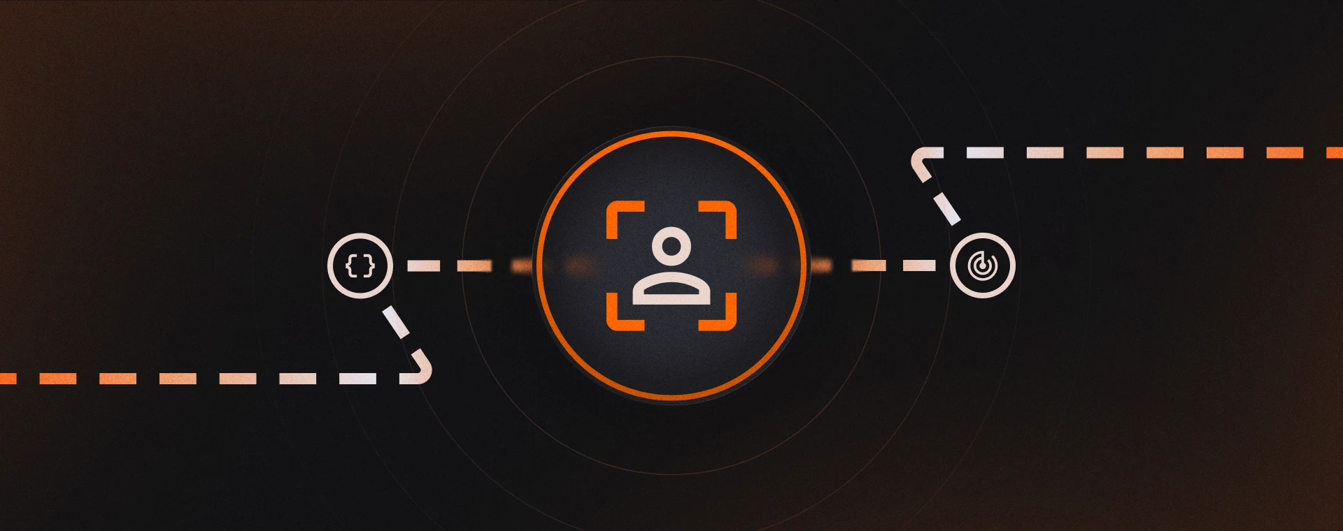 Abstract user icon in the center with targeting brackets, connected by dotted lines to code and analytics icons, representing tracking and audience identification.