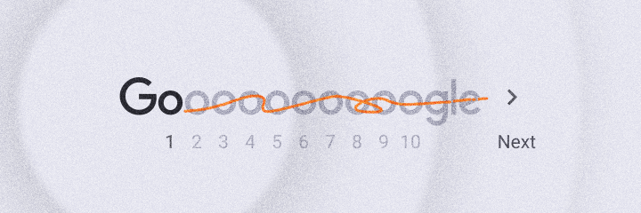 Illustration of the Google search results pagination interface with the word “Google” and page numbers 1–10 crossed out in orange, representing the end of traditional multi-page search results.