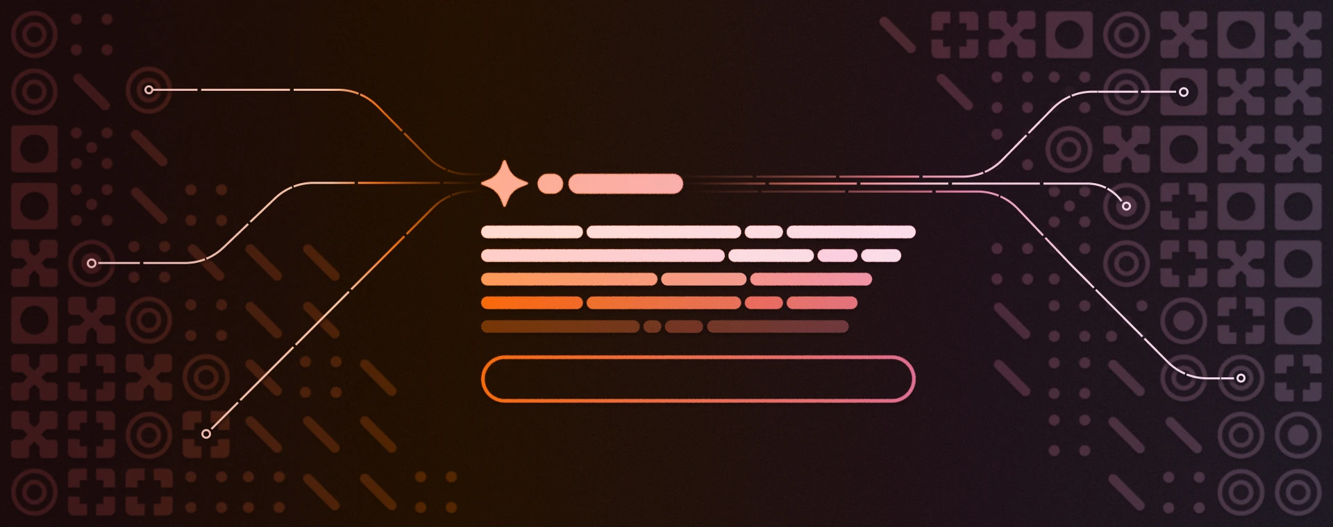Abstract illustration showing lines of glowing orange and pink data flowing through a central hub, symbolizing AI processing or data synthesis, on a dark geometric background.