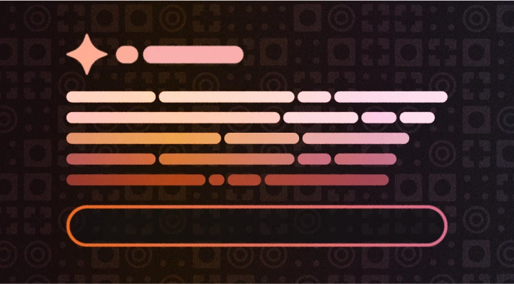 Abstract visual of stylized text lines glowing in shades of orange and pink on a dark patterned background, representing AI-generated content or search results.