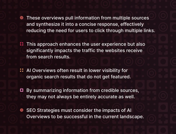 Slide-style image with bullet points describing AI Overviews and their SEO impact, using colored icons beside each point on a dark patterned background.