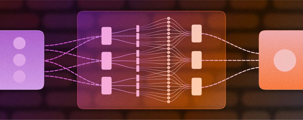 Alternative illustration of a neural network showing data flowing through connected layers, representing how Microsoft Copilot processes and transforms information using AI.