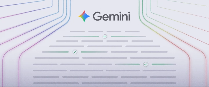 Illustration of the Gemini logo above stylized text lines with checkmarks and colorful circuit-like lines, symbolizing AI-powered content and search optimization.