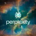 Abstract space-themed background with the Perplexity logo centered, featuring a geometric starburst icon above the word “perplexity” in white text.