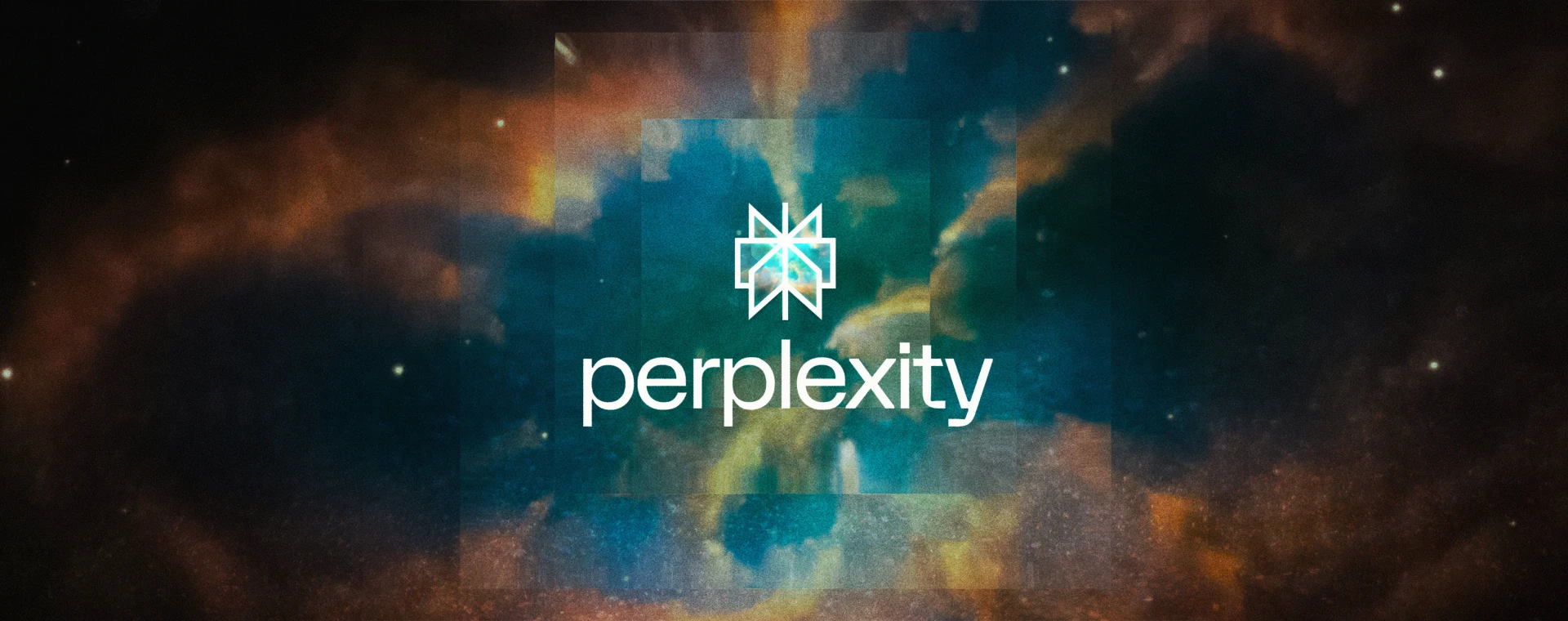 Abstract space-themed background with the Perplexity logo centered, featuring a geometric starburst icon above the word “perplexity” in white text.
