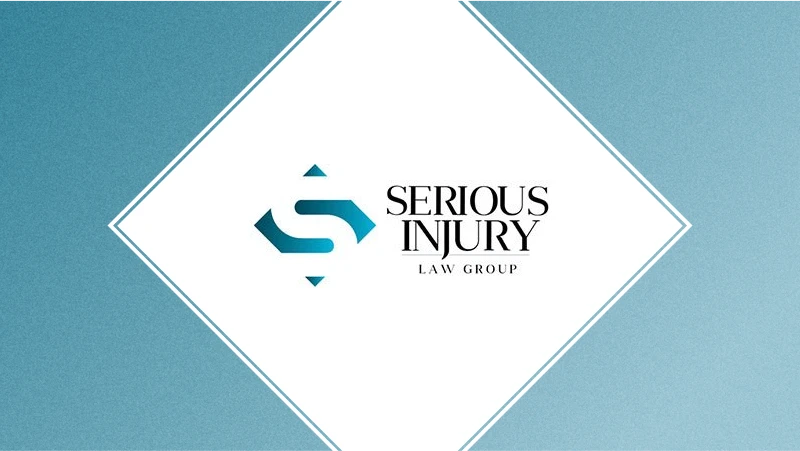Serious Injury Law Group logo centered inside a diamond-shaped graphic on a blue gradient background