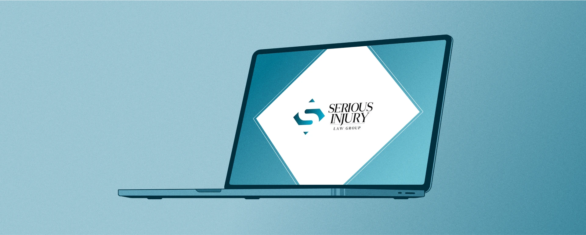 Laptop displaying the Serious Injury Law Group logo on a clean, blue background.