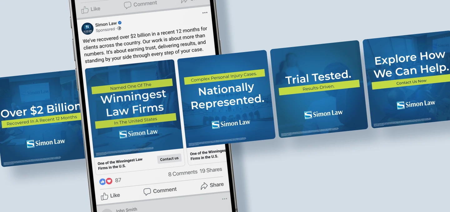Social media carousel ad for a law firm highlighting case results, national representation, and trial experience