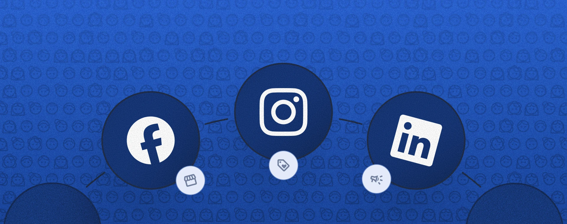 Graphic showing Facebook, Instagram, and LinkedIn icons connected, representing social media marketing platforms.