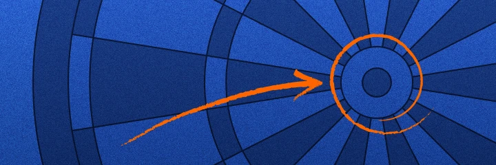Blue dart board target graphic with an orange arrow pointing toward the center, symbolizing reaching marketing goals.
