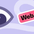 Illustration featuring a large stylized eye on a lavender background with curved design elements, accompanied by two colorful labels reading “Web Design” in pink and “Trends” in green, representing modern web design concepts.