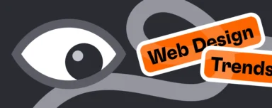 Illustration featuring a large stylized eye on a lavender background with curved design elements, accompanied by two colorful labels reading “Web Design” in pink and “Trends” in green, representing modern web design concepts.