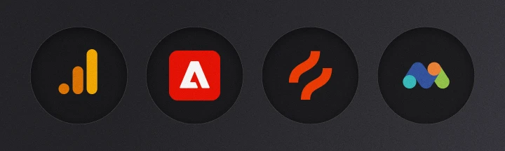 Four round icons representing analytics and marketing tools, including Google Analytics, Adobe Analytics, Hotjar, and Matomo, displayed on a dark background.
