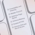 Close-up photo of a computer keyboard with an overlaid checklist showing SEO best practices, including crawlability and indexing, mobile-first UX, page speed optimization, schema markup, HTTPS enablement, and fixing 404 and server errors.