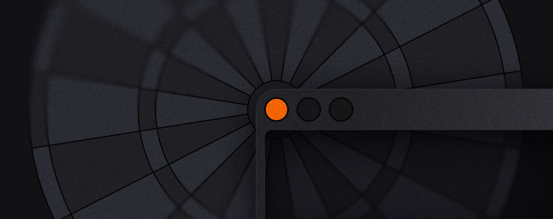 Dark abstract graphic featuring a radial pattern resembling a dartboard or target, with a central orange circle and two unlit circles on a horizontal website browser bar extending outward.