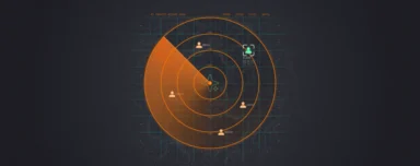 A digital radar screen shows an orange sweep detecting four user icons, with one highlighted by a green square, conveying a tech analysis theme.