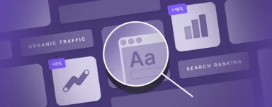 SEO graphic showing a magnifying glass over a web page element and statistics for organic traffic and search ranking.