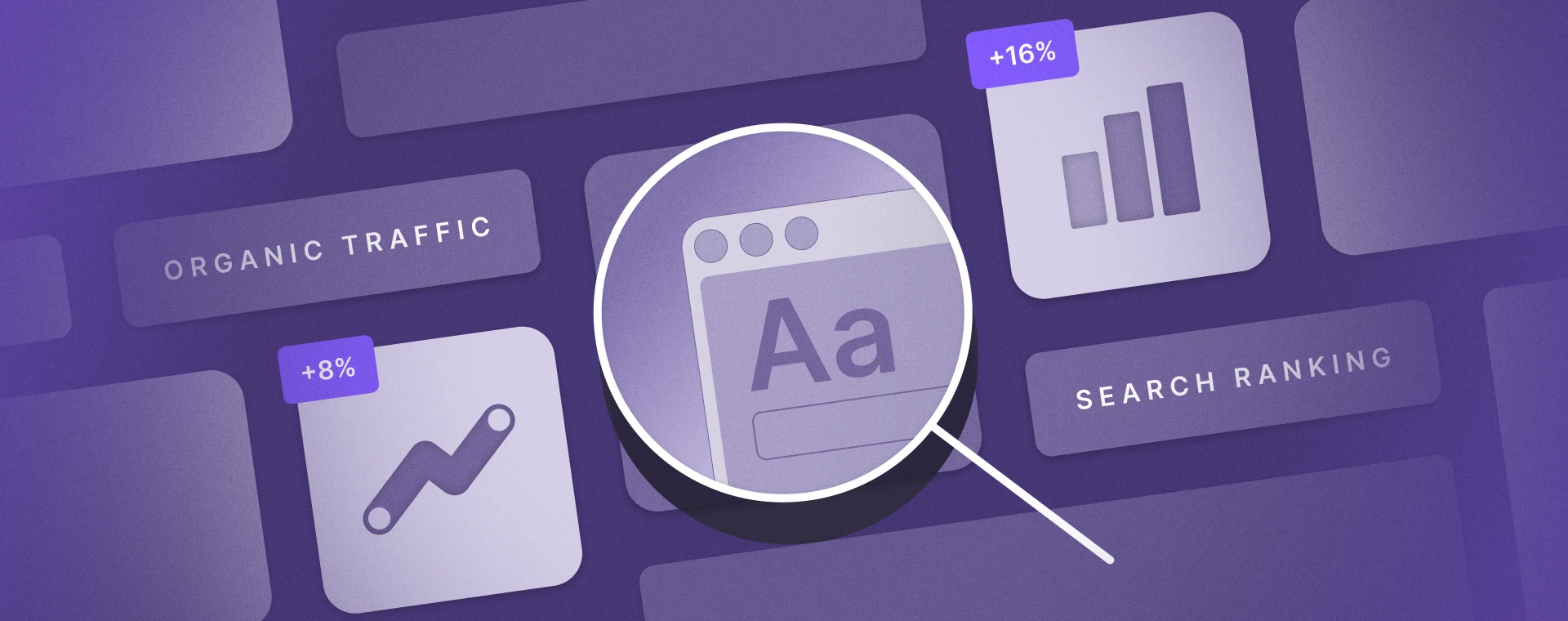 SEO graphic showing a magnifying glass over a web page element and statistics for organic traffic and search ranking.