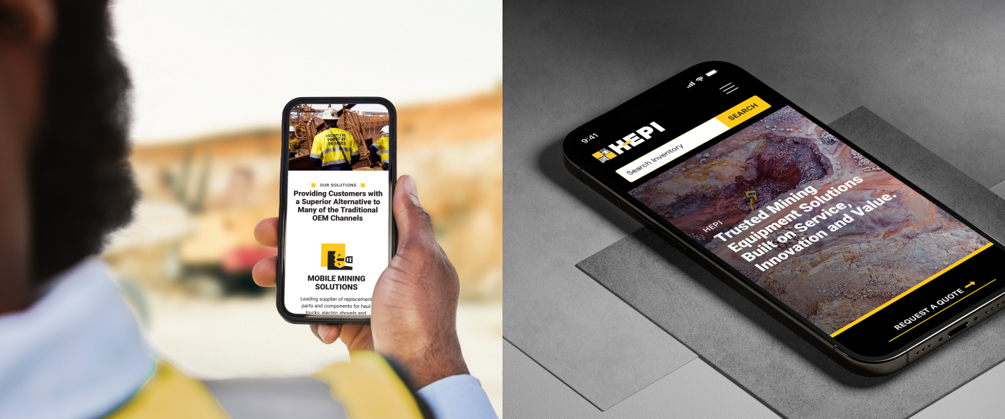 Close-up of the HEPI mobile website homepage displayed on a smartphone, featuring a mining site aerial image and navigation menu.