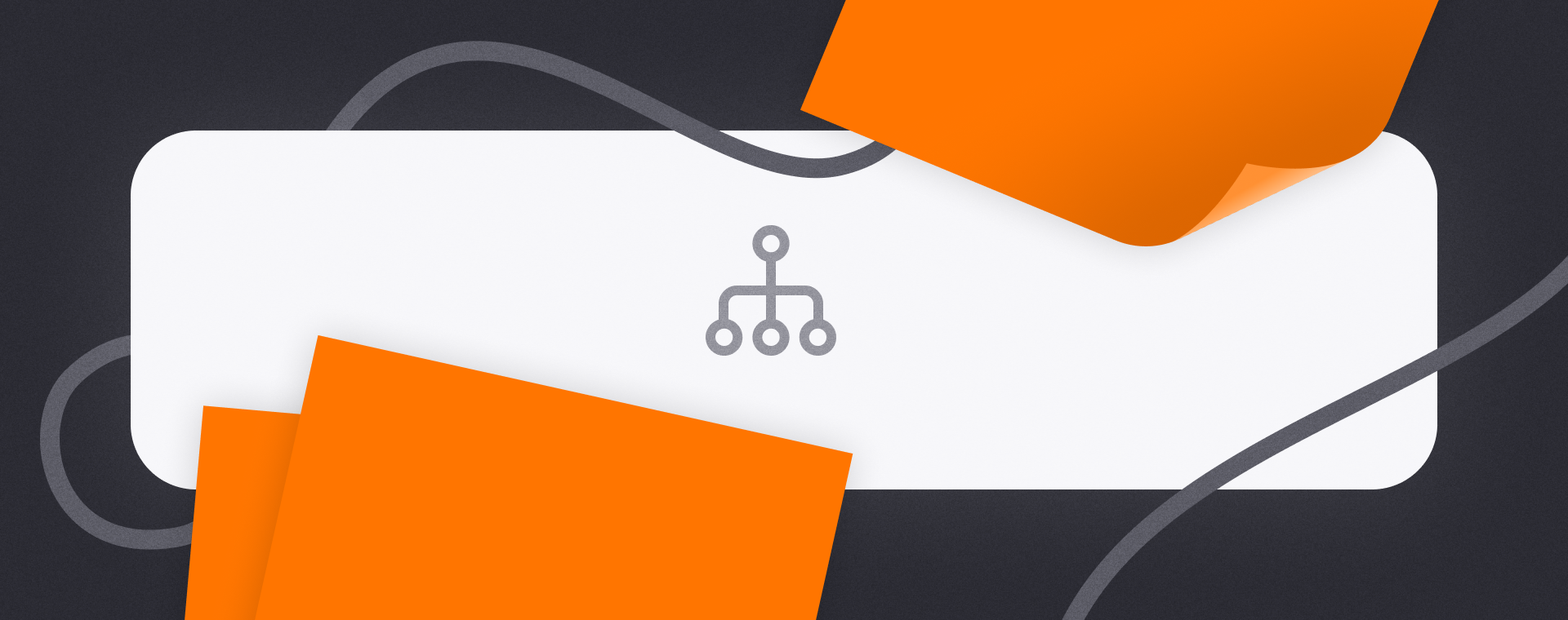 Abstract design featuring a light gray rectangle with a network icon. Overlapping pink and orange paper elements create a layered effect.