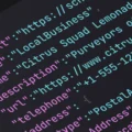 Close-up of colorful code on a dark screen, featuring strings like "Citrus Squad Lemonade" and a URL, suggesting a business-related schema.