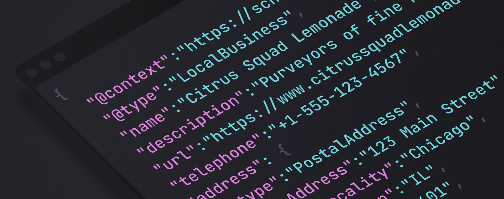 Close-up of colorful code on a dark screen, featuring strings like "Citrus Squad Lemonade" and a URL, suggesting a business-related schema.