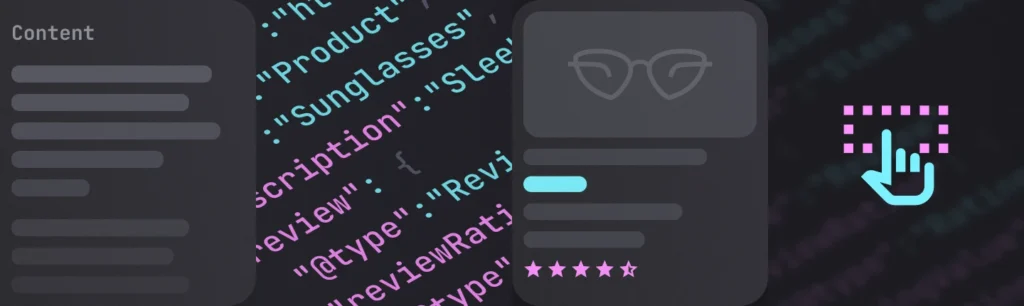 Visual showing website content and JSON-LD code next to a product card with eyeglasses, representing how schema markup connects on-page content to structured data for richer search results.