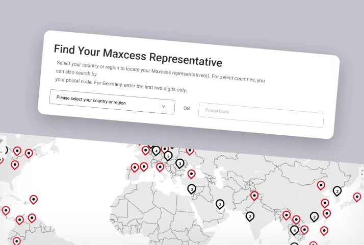 Representative locator tool with country selector, postal code search, and world map with location pins.
