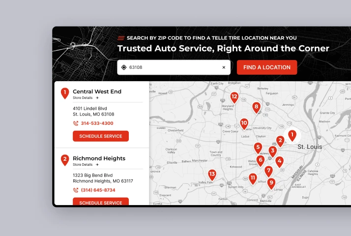 Location finder interface showing nearby service locations on a map and in a results list.