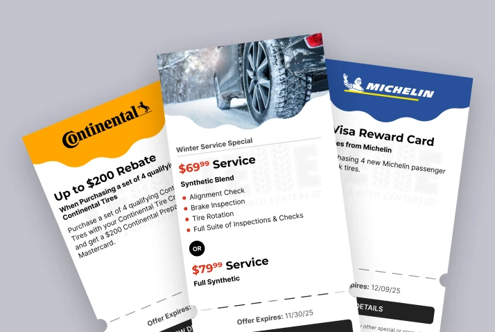 Digital promotion cards showing a tire rebate, a winter service special with price tiers, and a manufacturer reward card offer.