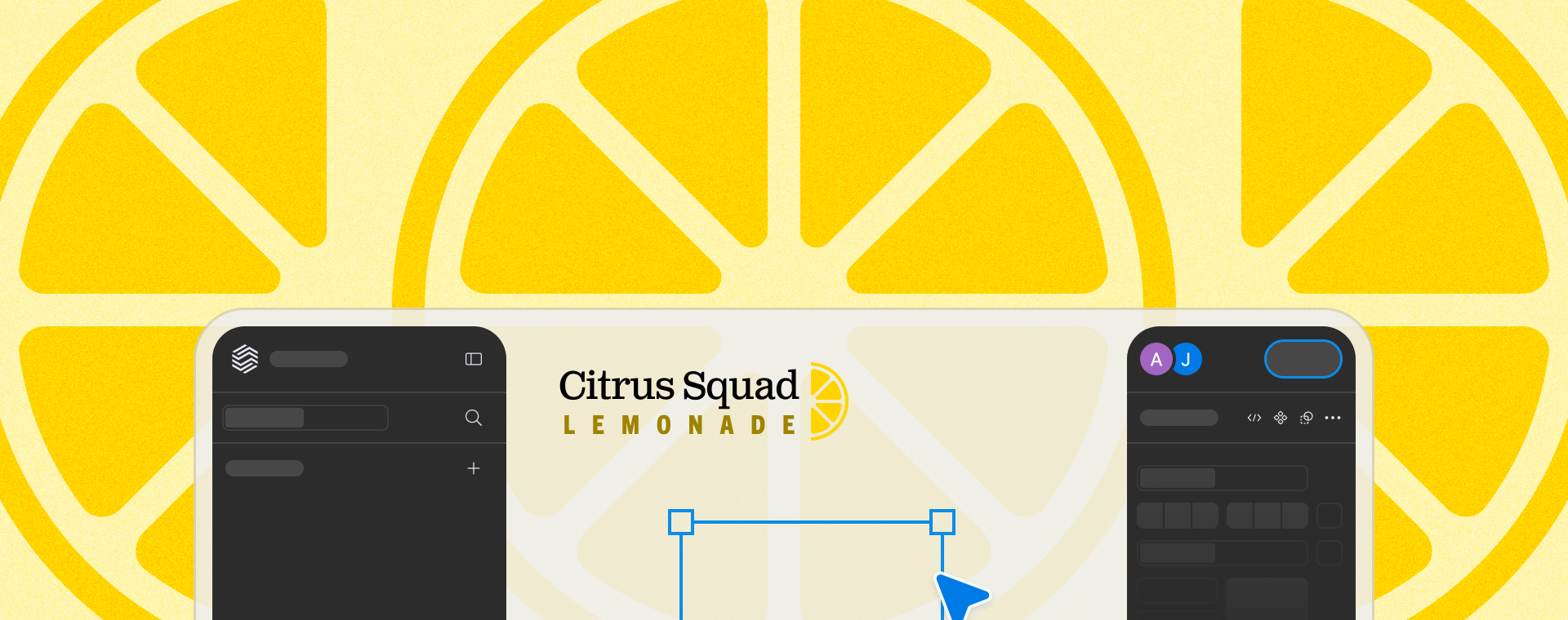 Two stylized gray screens flank "Citrus Squad Lemonade" text on a bright yellow lemon background, conveying a fresh, modern theme.