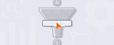 A diagram of a funnel with icons for people and money, overlapped by an orange arrow. Background includes outlines of a magnifying glass and gear, suggesting process or analytics.