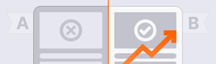 Side-by-side comparison of two web designs, labeled A and B. Design A shows a gray X, while B has a check mark and an upward orange arrow, indicating success.