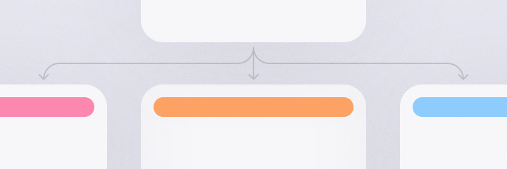 Flowchart section mock up of website navigation with three connected blocks: pink on the left, orange in the center, blue on the right. Curved arrows link the blocks, indicating progression.