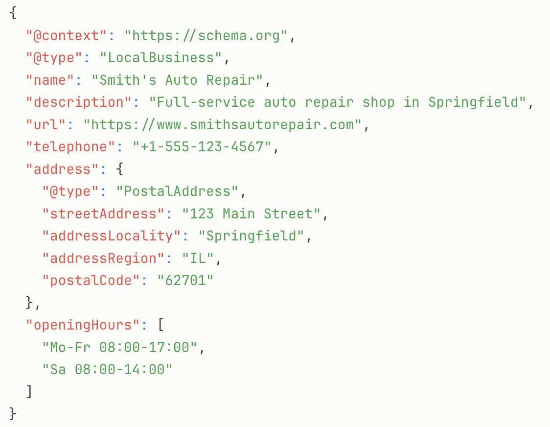 JSON-LD code for Smith's Auto Repair, a full-service shop in Springfield, IL. Includes name, description, website, phone number, address, and hours.